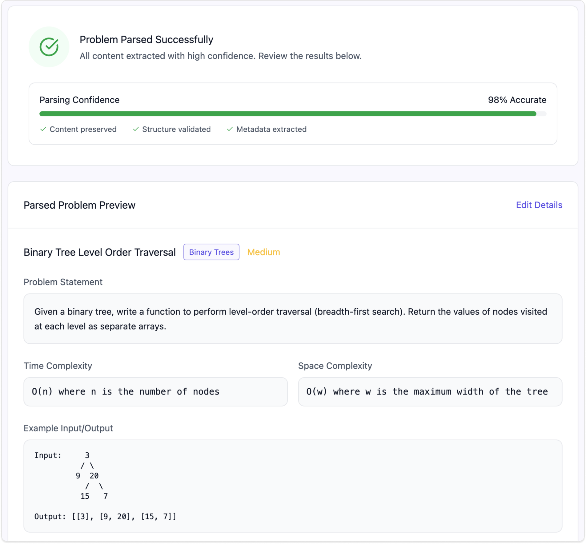 high-confidence parse with confidence score and preview